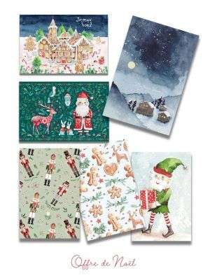 6 Cartes Doubles Aquarelle Collection de Noël